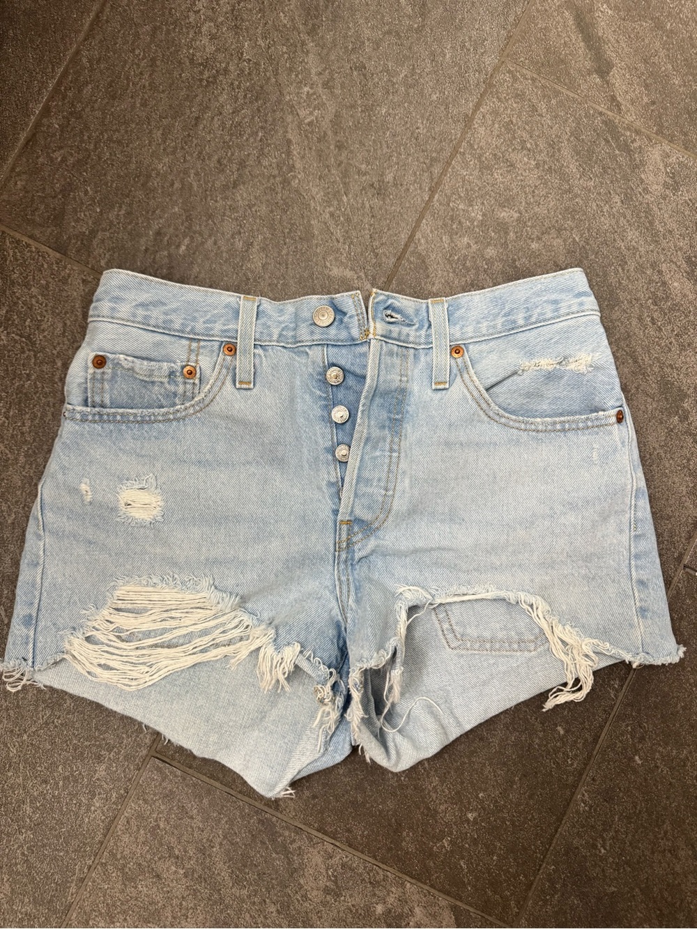 Levi's Light Blue Distressed Button-Fly Denim Shorts